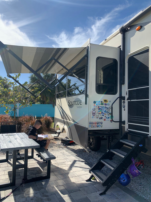 Things to consider when selling it all to travel, photo of a Grand Design Fifth wheel for full time travel family, b.e.happe fulltime travel family