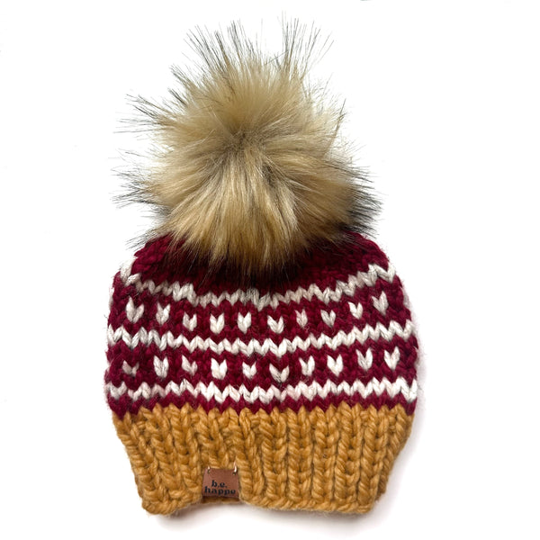 Adult Striped Heart Pom Hat | Red and Yellow Beanie -  from b.e.happe