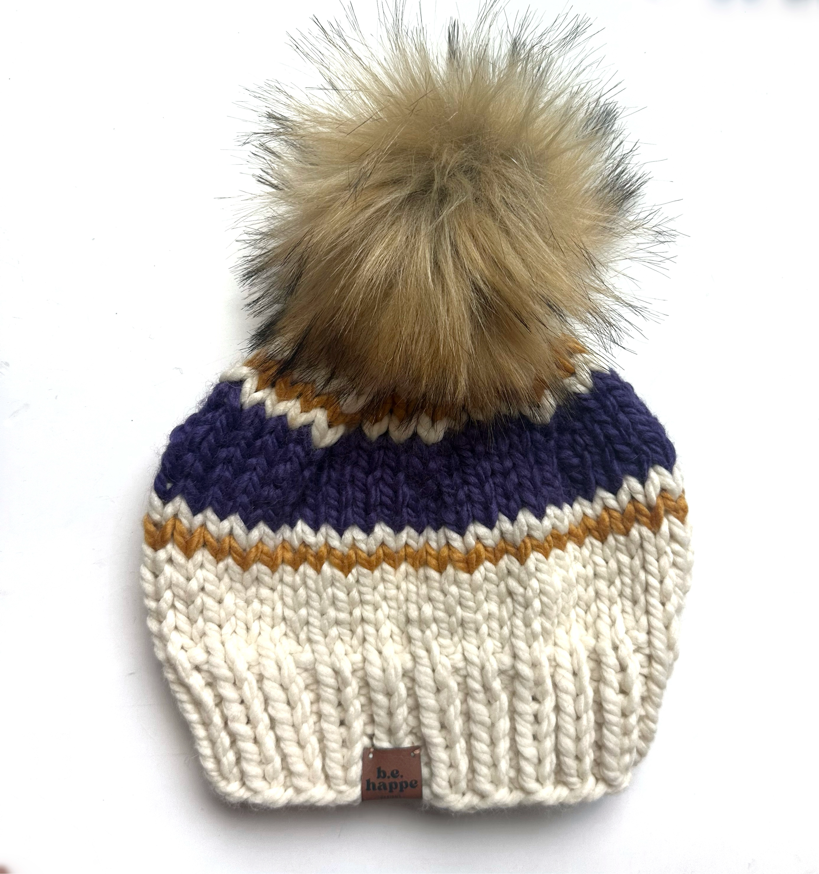 Adult Knit Pom Hat |  Purple + Mustard Yellow Stripe Beanie -  from b.e.happe
