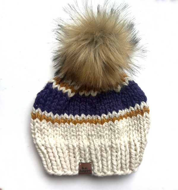 Adult Knit Pom Hat |  Purple + Mustard Yellow Stripe Beanie -  from b.e.happe