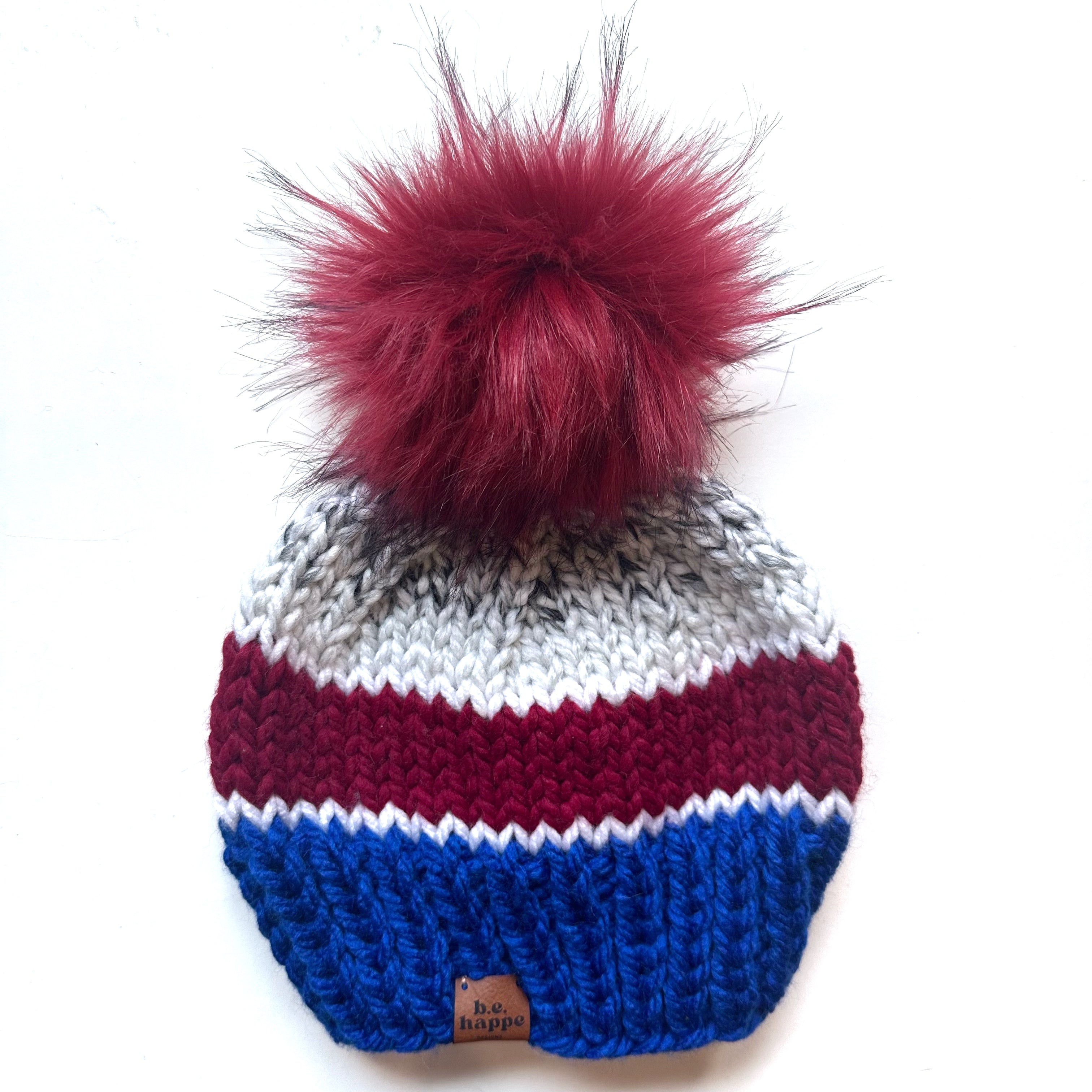 Adult Knit Pom Hat | Red + Blue Striped Knit Beanie -  from b.e.happe