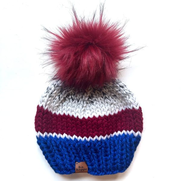 Adult Knit Pom Hat | Red + Blue Striped Knit Beanie -  from b.e.happe