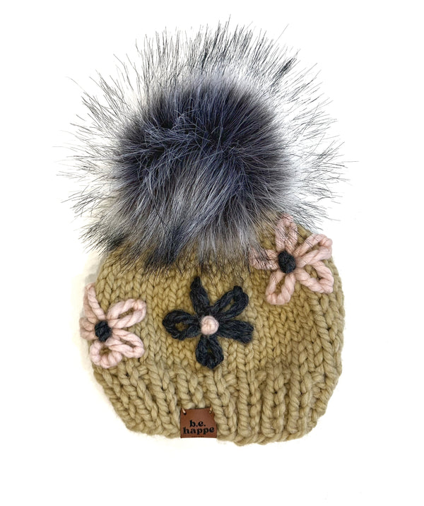 3-6 Month Baby Flower Knit Pom Hat | Tan + Pink Beanie -  from b.e.happe