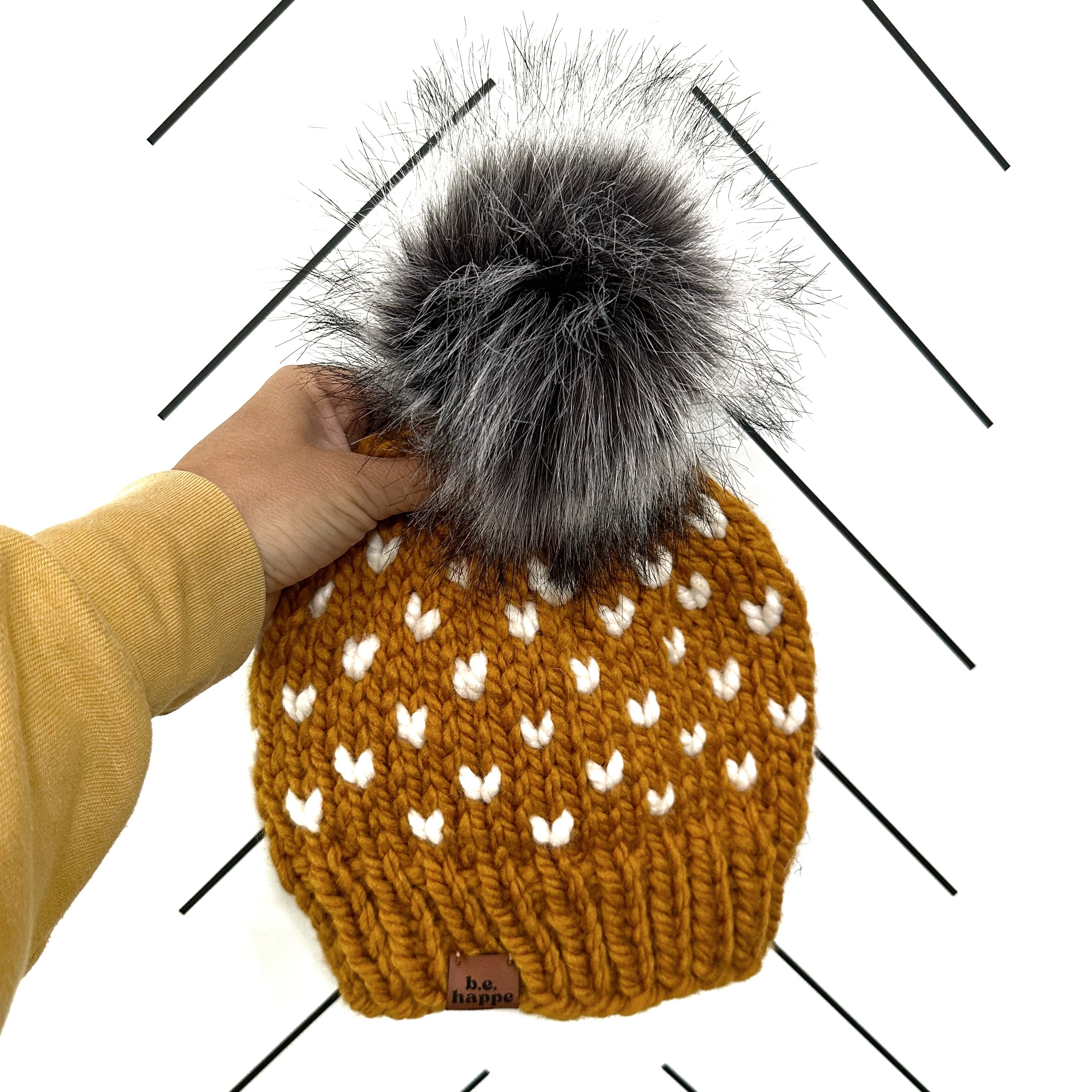 Adult Knit Pom Hat| Butterscotch Heart Beanie - hats from b.e.happe