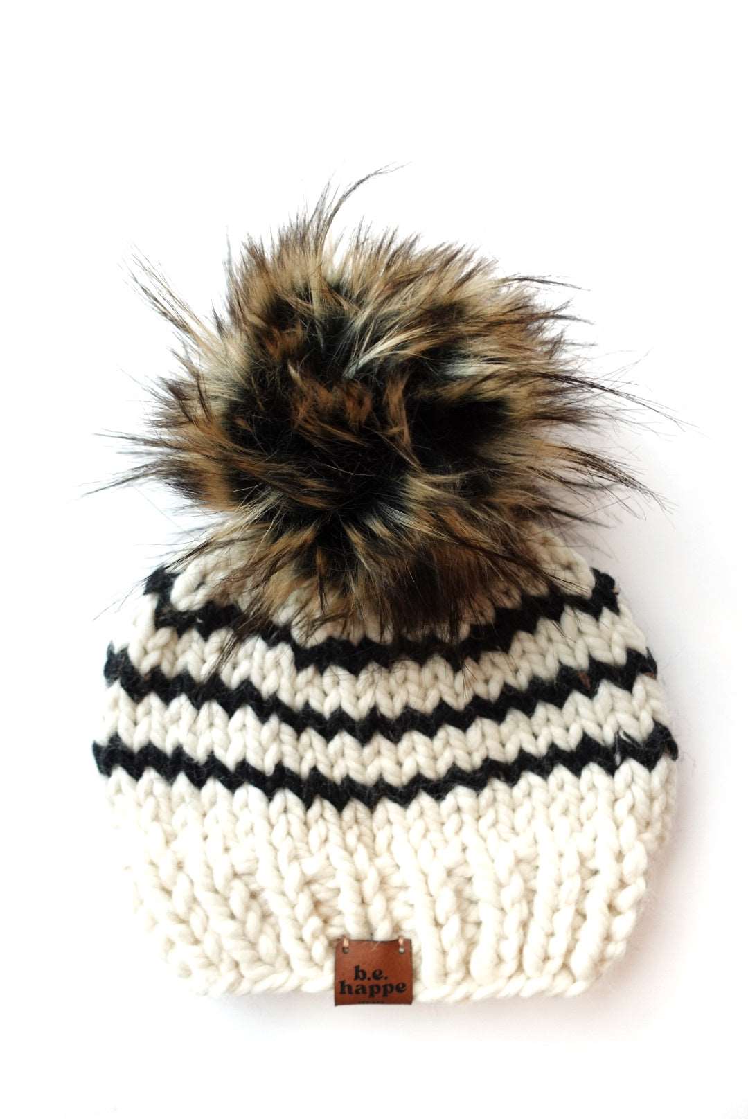 Adult Knit Pom Hat | Off White + Black Stripe Beanie -  from b.e.happe