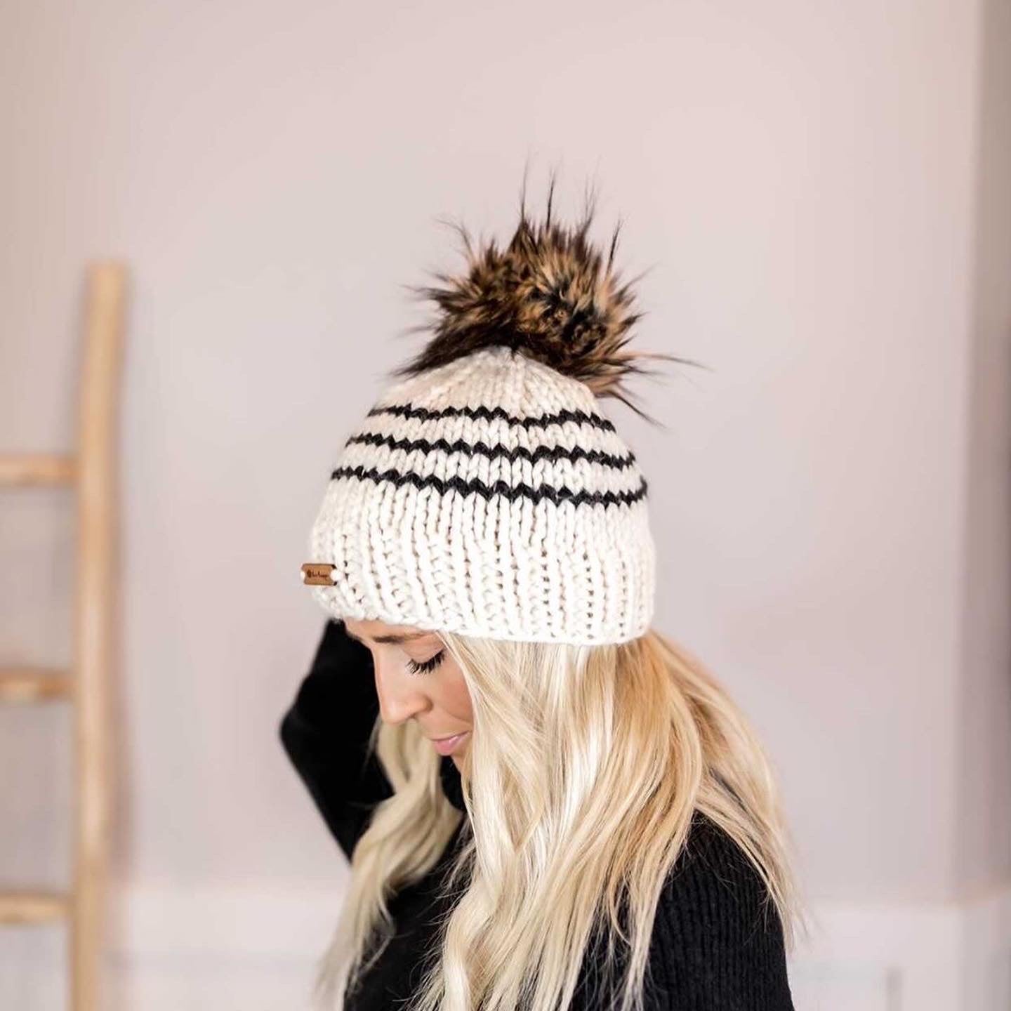 Adult Knit Pom Hat | Off White + Black Stripe Beanie -  from b.e.happe