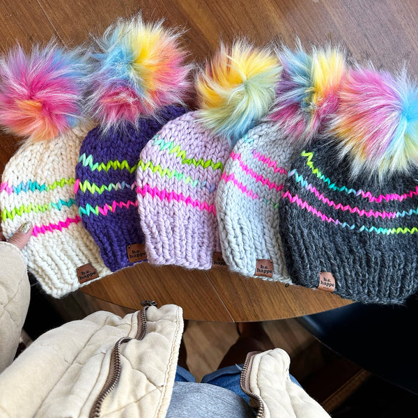 Rainbow Pom Beanies | Handcrafted Rainbow Hats - b.e.happe