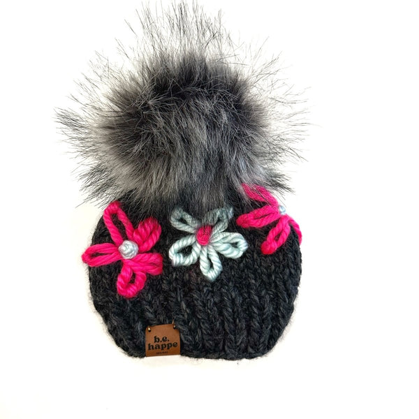 0 - 3 Month Baby Flower Pom Hat | Gray Beanie - b.e.happe