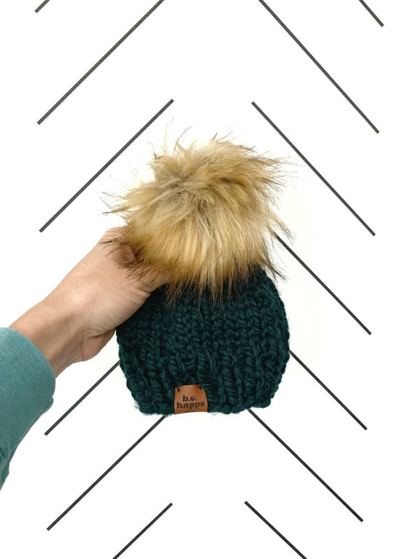 0 - 3 Month Baby Knit Pom Hat | Dark Green Beanie - b.e.happe