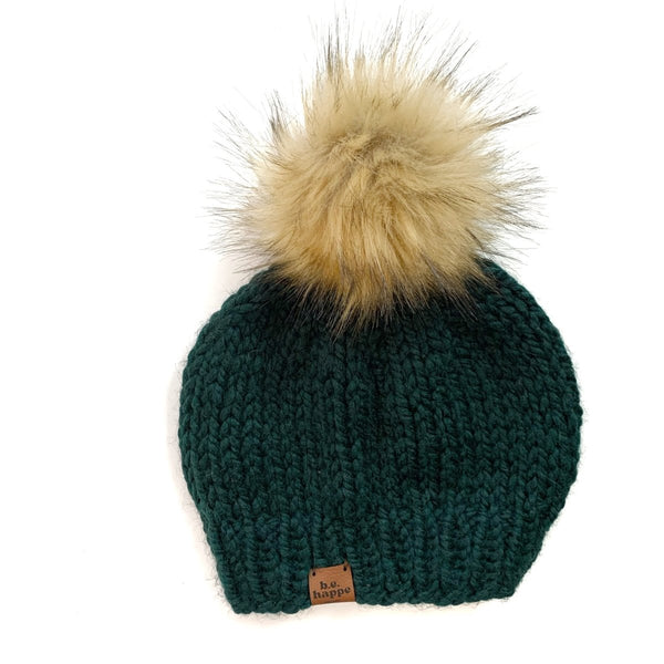 0 - 3 Month Baby Knit Pom Hat | Dark Green Beanie - b.e.happe