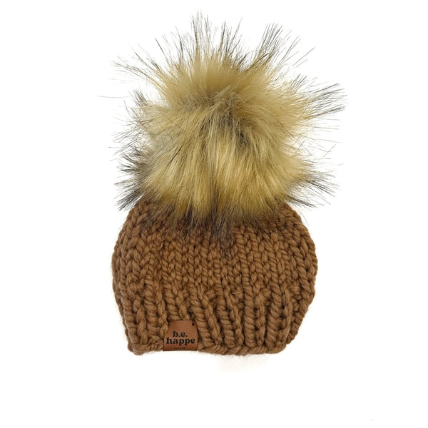 0 - 3 Month Baby Pom Hat | Brown Knit Beanie - b.e.happe