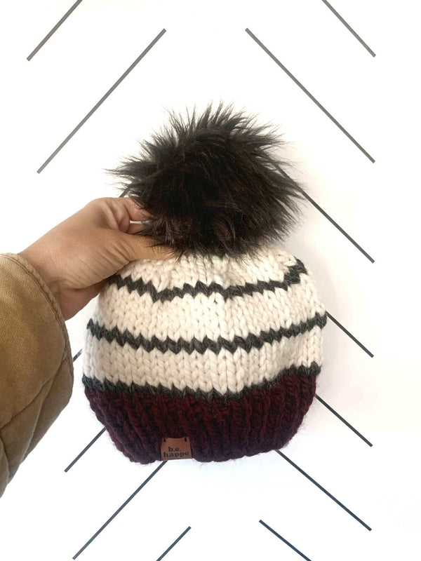 0 - 3 Month Baby Pom Hat | Burgundy Stripe Beanie - b.e.happe