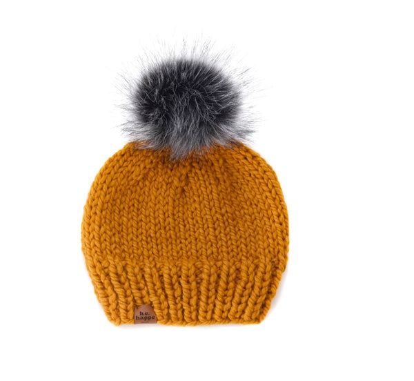 0 - 3 month Baby Pom Hat | Butterscotch Knit Beanie - b.e.happe