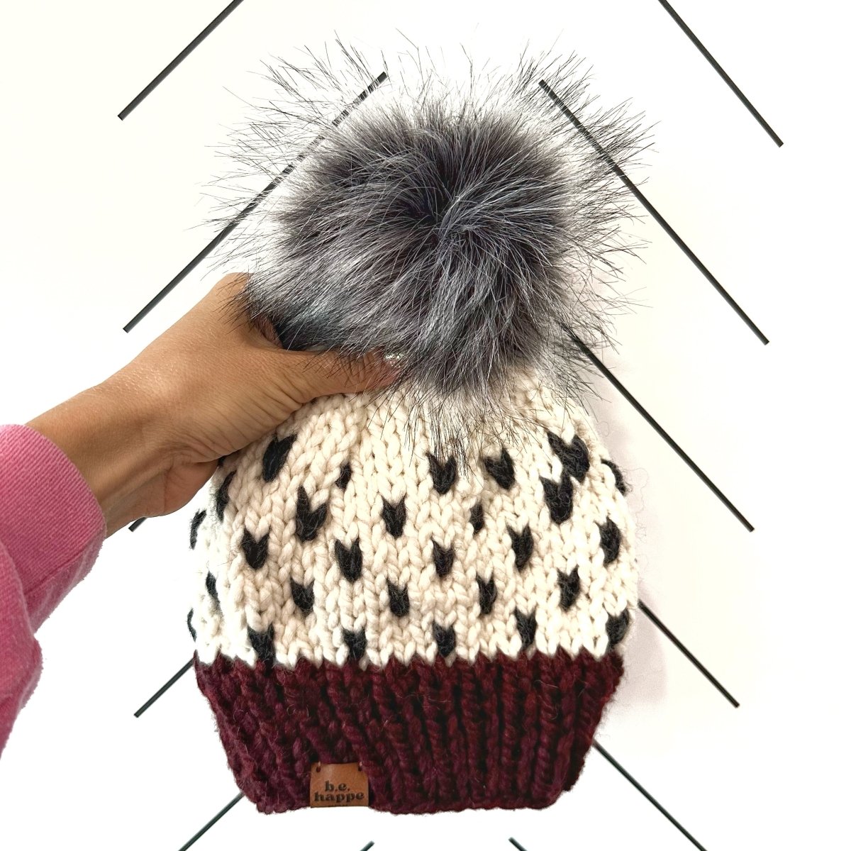 0 - 3 Month Baby Pom Hat | Knit Hearts Burgundy + Gray - b.e.happe