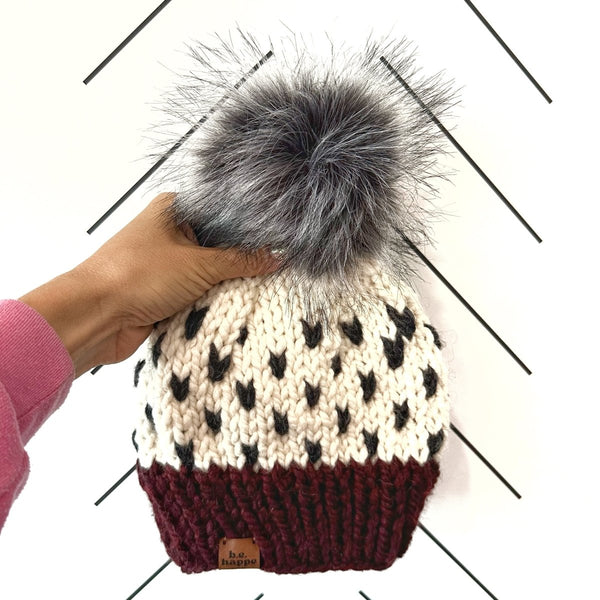 0 - 3 Month Baby Pom Hat | Knit Hearts Burgundy + Gray - b.e.happe