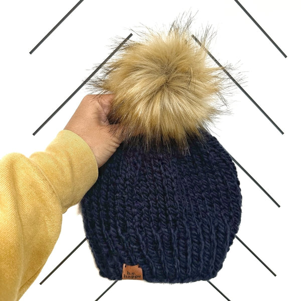 0 - 3 Month Baby Pom Hat | Navy Blue Beanie - b.e.happe
