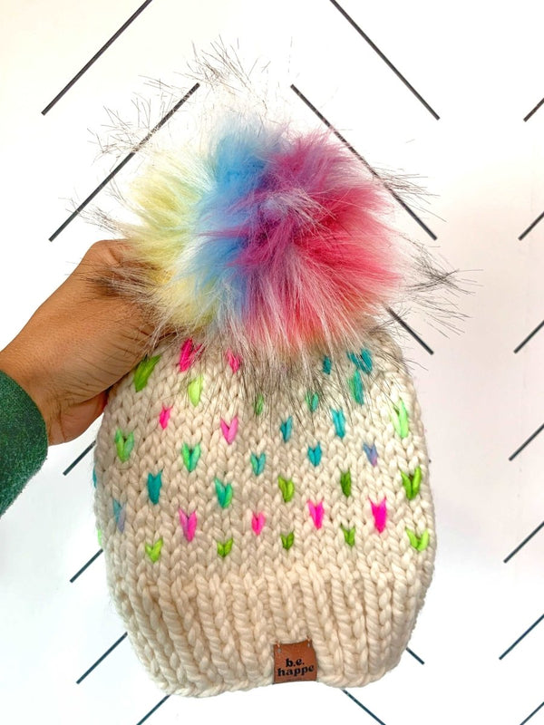 0 - 3 Month Baby Pom Hat | Rainbow Heart Beanie - b.e.happe