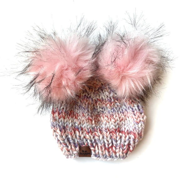 0 - 3 month Knit Pom Hat | Pink Double Pom Beanie - b.e.happe