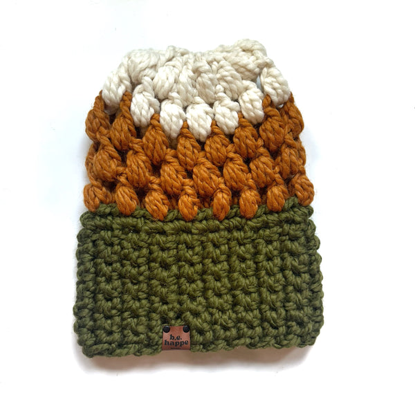 Crochet Puff Stitch Slouch Hat | Green + Butterscotch Slouchy Beanie - Adult from b.e.happe 