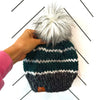 Adult Stripe Knit Pom Hat | Gray + Dark Green