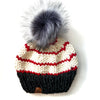 Adult Striped Knit Pom Hat | Charcoal Grey + Red