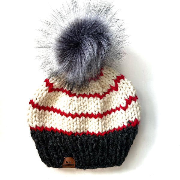 Adult Knit Pom Hat | Gray + Red Stripe Beanie -  from b.e.happe 