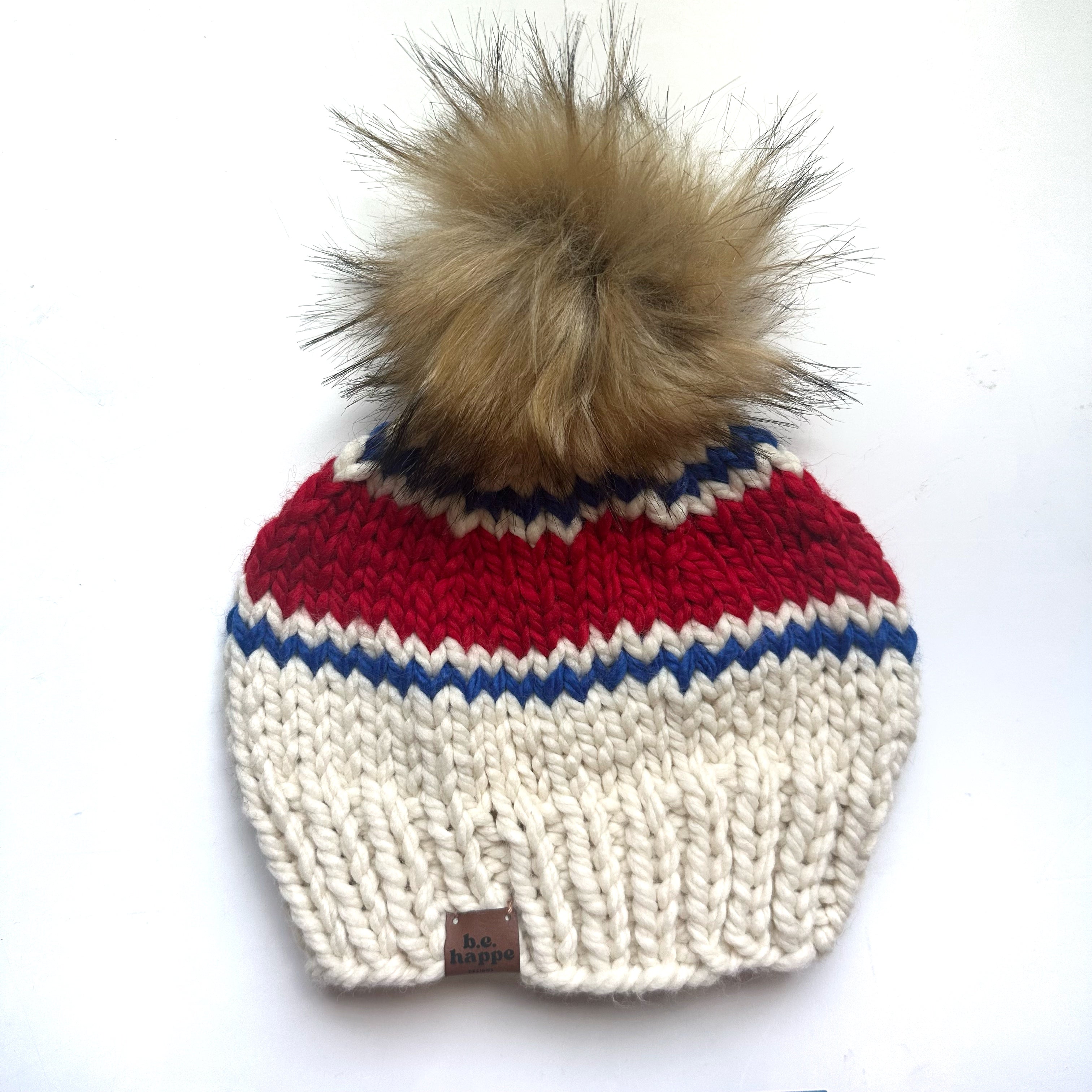 Adult Knit Pom Hat | Red + Blue Striped Beanie -  from b.e.happe 