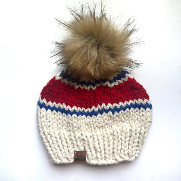 Adult Knit Pom Hat | Red + Blue Striped Beanie -  from b.e.happe 