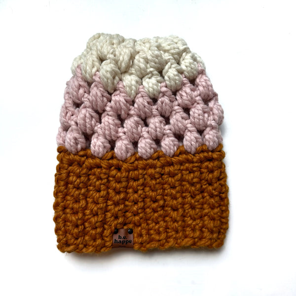 Crochet Puff Stitch Slouch Hat | Butterscotch + Pink Slouchy Beanie -  from b.e.happe 