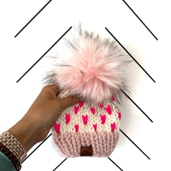 Youth Happe Hearts Pom Hat | Light Pink + Hot Pink