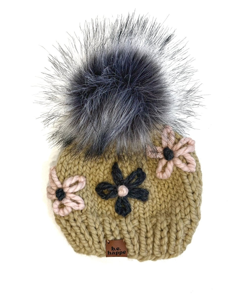 3 - 6 Month Baby Flower Knit Pom Hat | Tan + Pink Beanie - b.e.happe