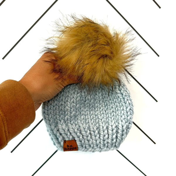 3 - 6 month Baby Knit Pom Hat | Baby Blue Beanie - b.e.happe