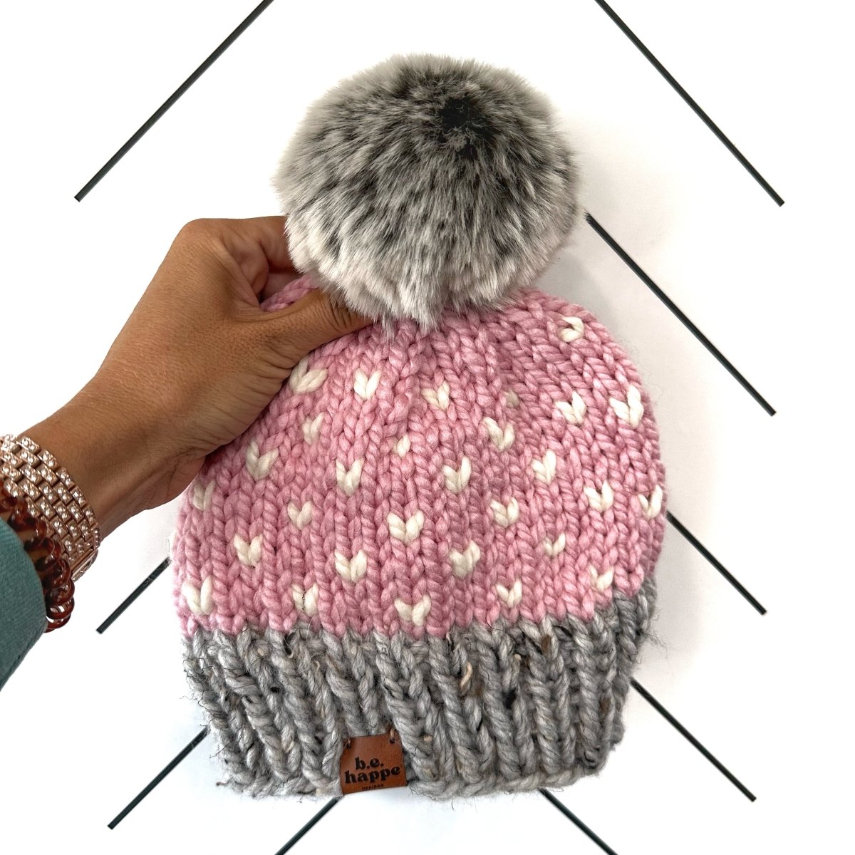 3 - 6 Month Baby Knit Pom Hat | Pink Heart Beanie - b.e.happe