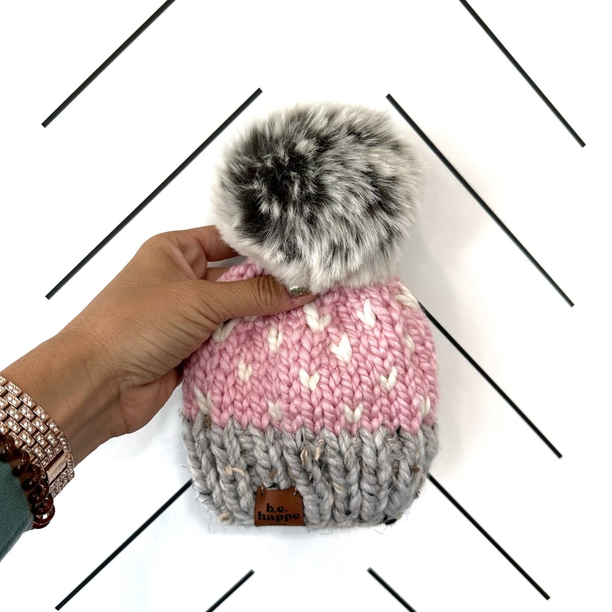 3 - 6 Month Baby Knit Pom Hat | Pink Heart Beanie - b.e.happe