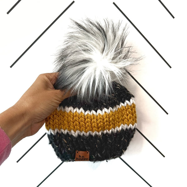 3 - 6 Month Baby Pom Hat | Black + Yellow Knit Beanie - b.e.happe