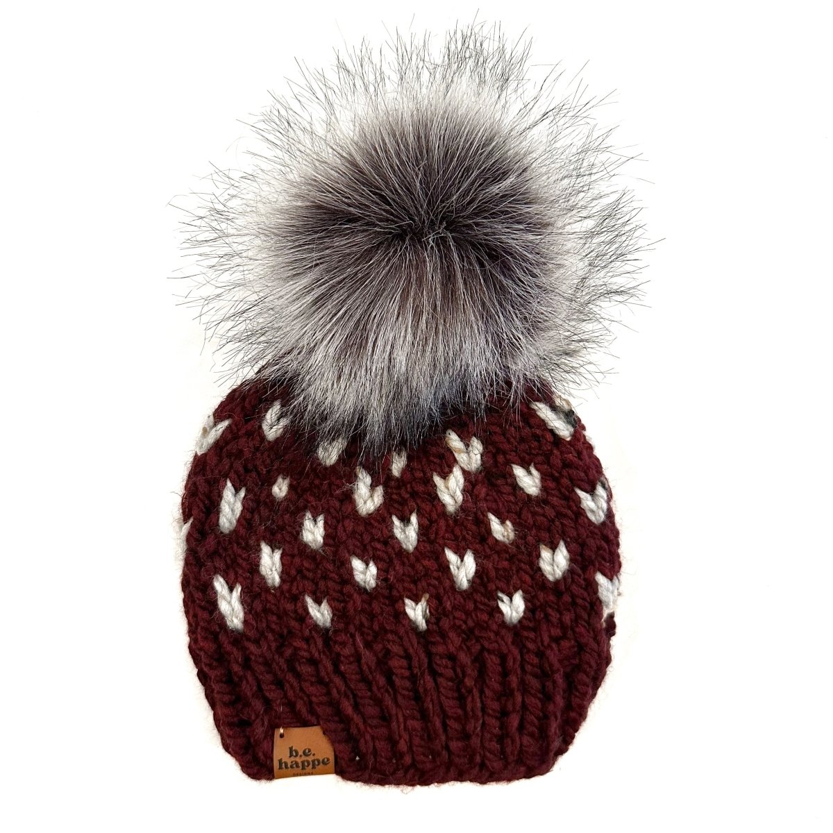 3 - 6 Month Baby Pom Hat | Burgundy Heart Beanie - b.e.happe
