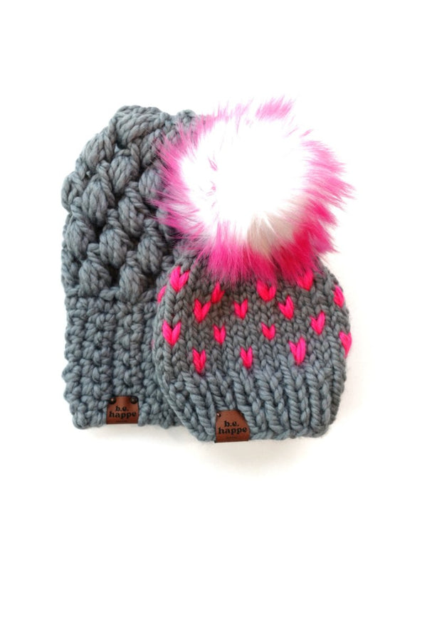 3 - 6 month Baby Pom Hat | Hot Pink Heart Beanie - b.e.happe