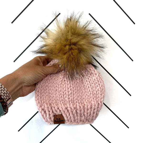 3 - 6 Month Baby Pom Hat | Light Pink Beanie - b.e.happe