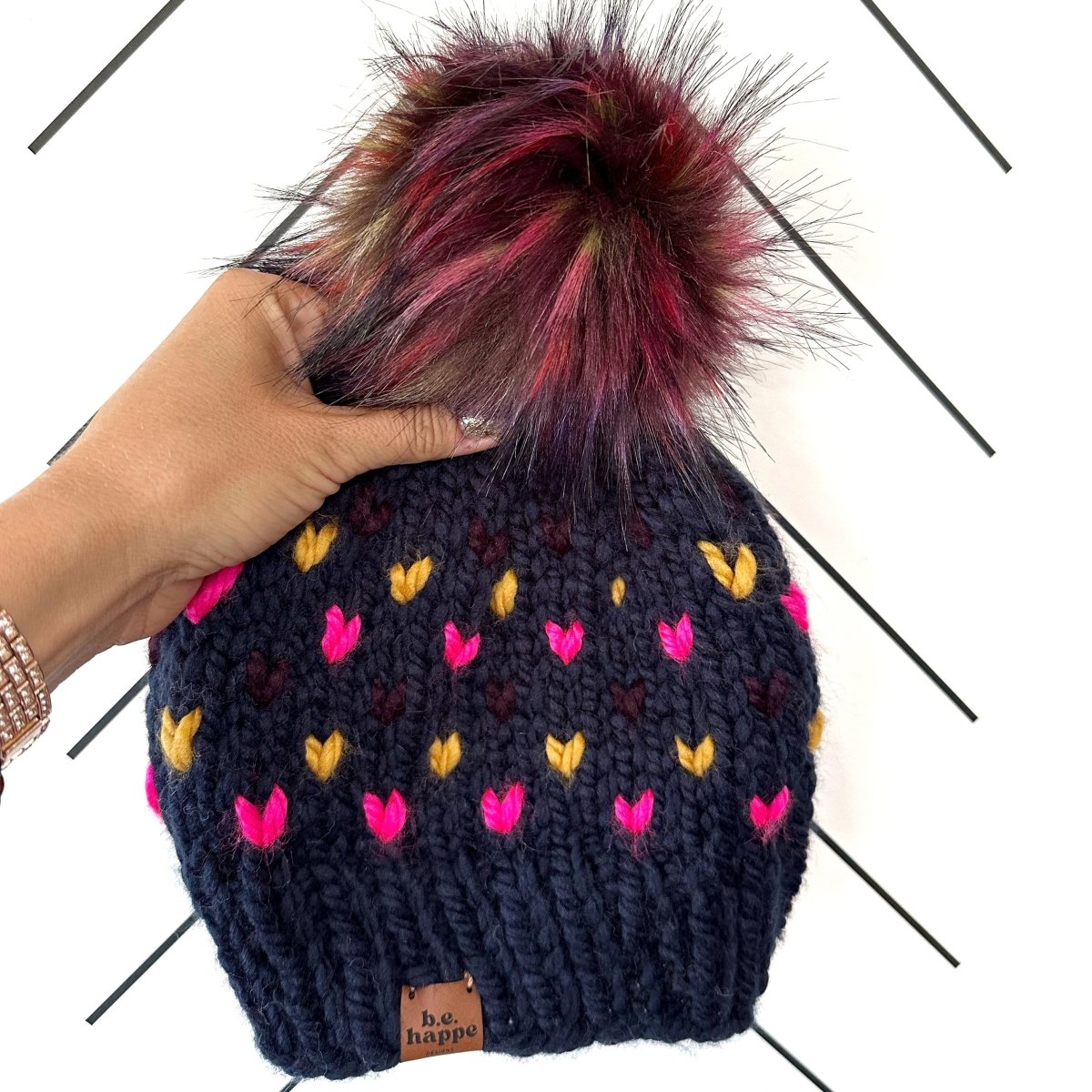 3 - 6 Month Baby Pom Hat | Navy Blue Heart Beanie - b.e.happe