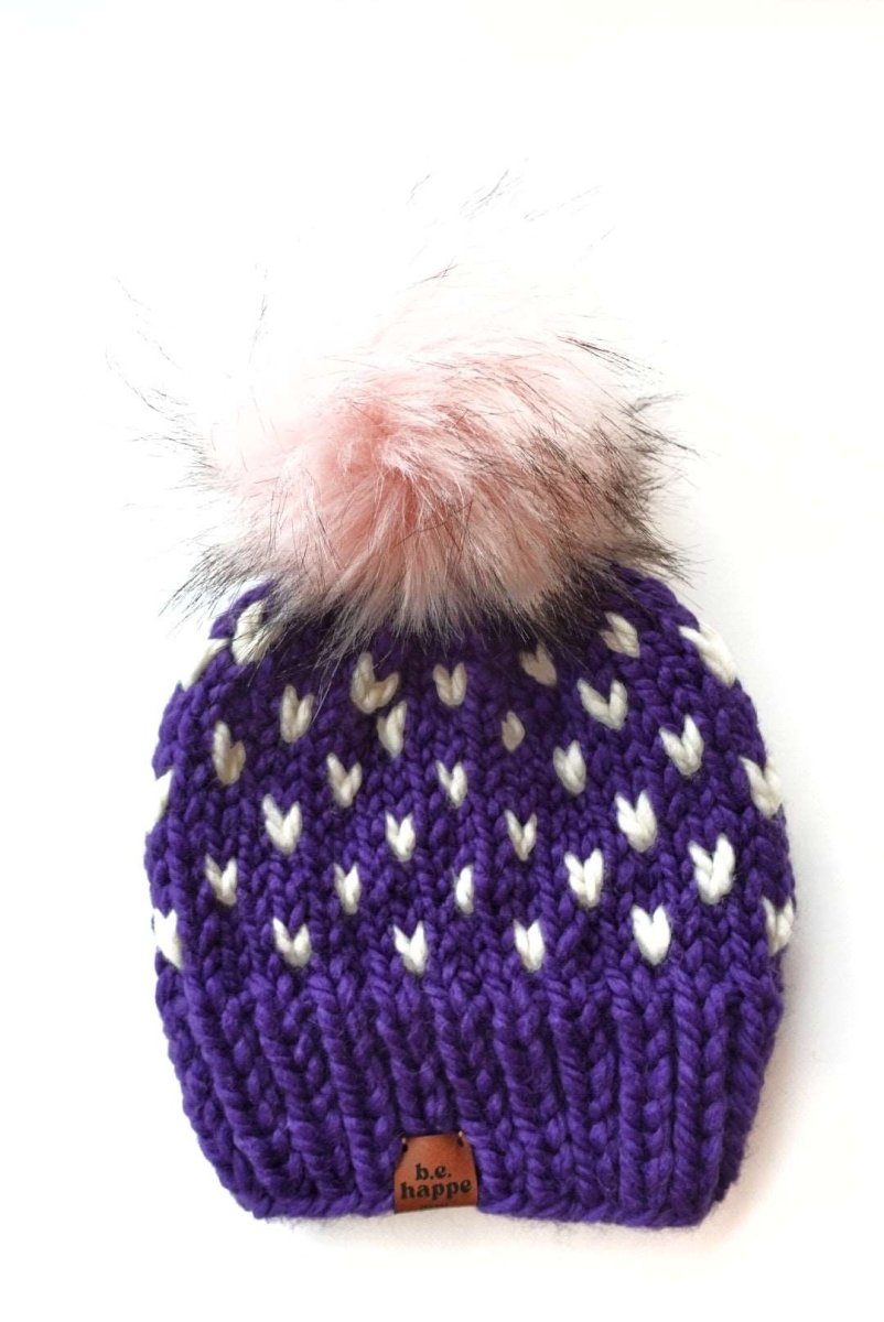 3 - 6 Month Baby Pom Hat | Purple Heart Beanie - b.e.happe