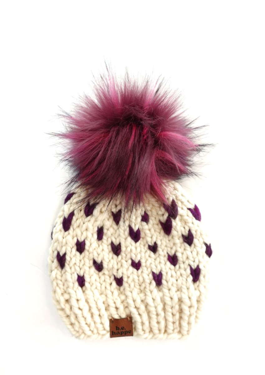 3 - 6 Month Baby Pom Hat | Purple Hearts Beanie - b.e.happe