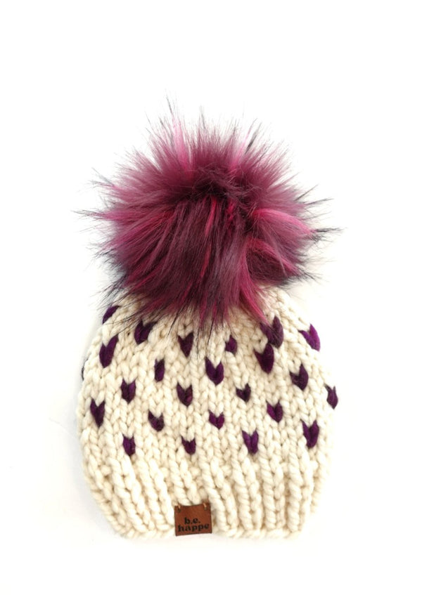 3 - 6 Month Baby Pom Hat | Purple Hearts Beanie - b.e.happe