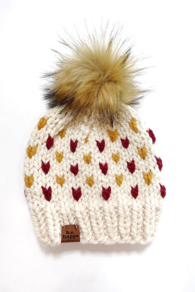 3 - 6 Month Baby Pom Hat | Red and Yellow Heart Beanie - b.e.happe