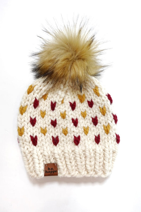 3 - 6 Month Baby Pom Hat | Red and Yellow Heart Beanie - b.e.happe