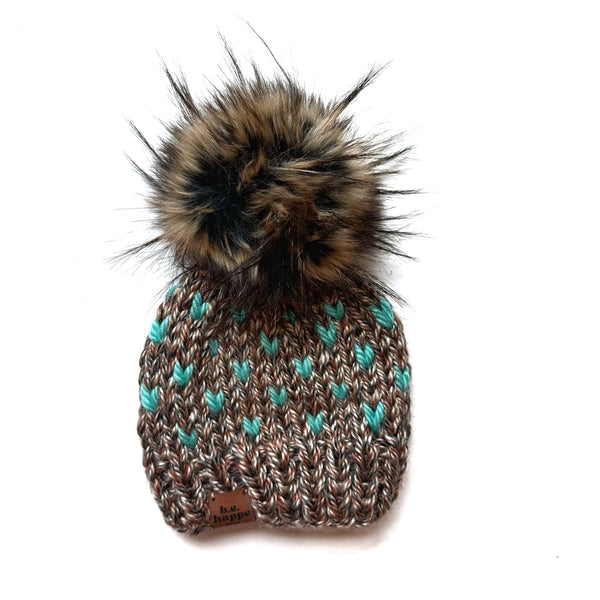 3 - 6 Month Baby Pom Hat | Wool Free brown + Seafoam Beanie - b.e.happe