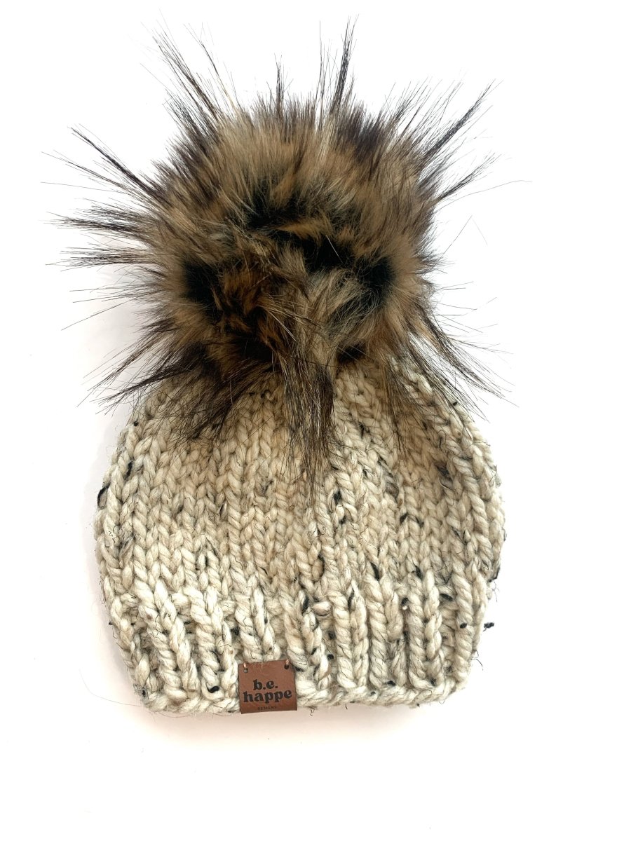 3 - 6 Month Baby Solid Knit | Oatmeal Pom Beanie - b.e.happe