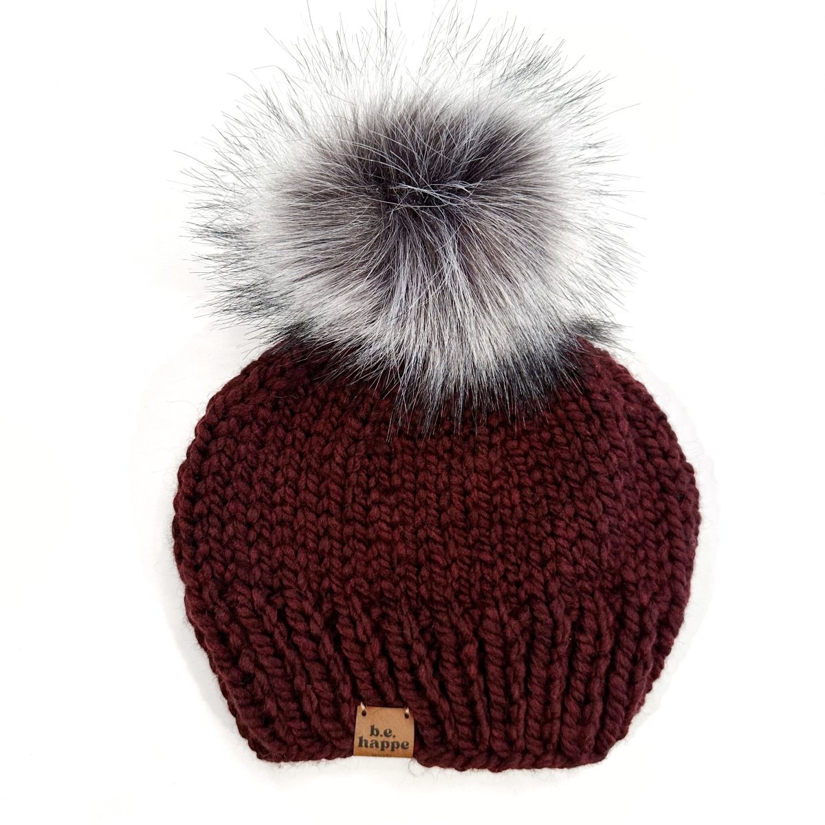 3 - 6 Month Baby Solid Knit Pom Hat | Burgundy/Maroon - b.e.happe
