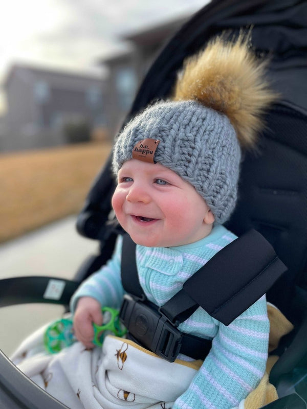 3 - 6 month Baby Solid Knit Pom Hat | Slate Gray - b.e.happe