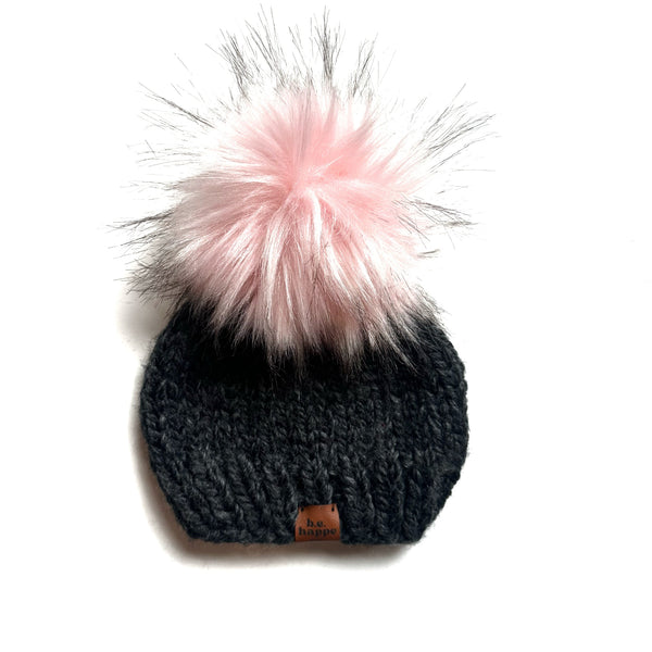 3-6 Month Baby Pom Pom Hat | Gray Pink Infant Beanie - Baby from b.e.happe 