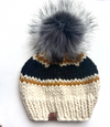 Adult Stripe Knit Pom Hat | Off White + Black + Mustard Yellow